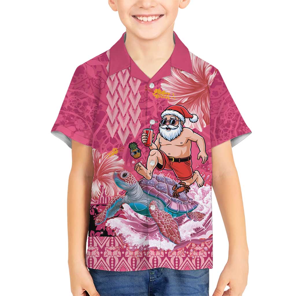 Hawaii Mele Kalikimaka Family Matching Off Shoulder Short Dress and Hawaiian Shirt Funny Santa with Tribal Tattoos Kakau Pink Color - Polynesian Pride