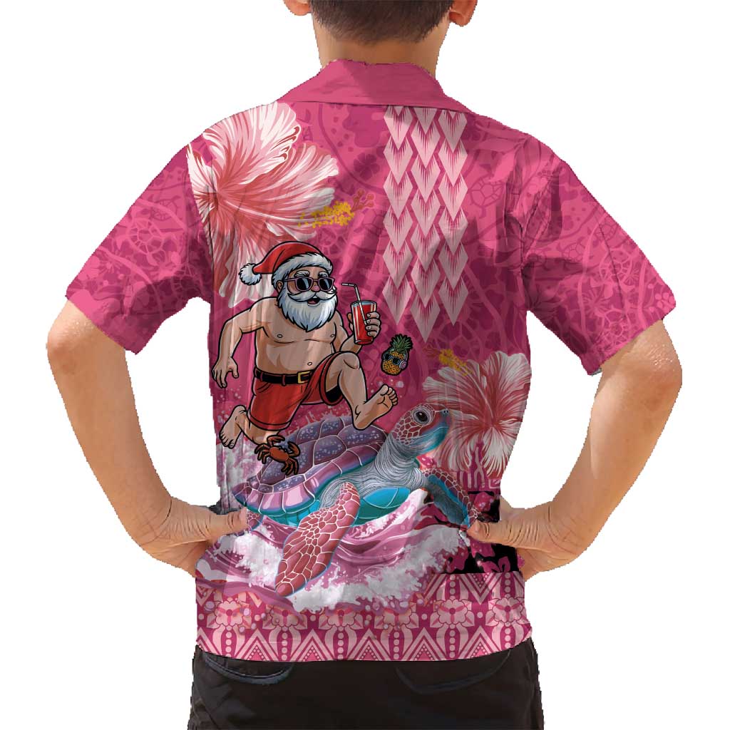 Hawaii Mele Kalikimaka Family Matching Puletasi and Hawaiian Shirt Funny Santa with Tribal Tattoos Kakau Pink Color - Polynesian Pride