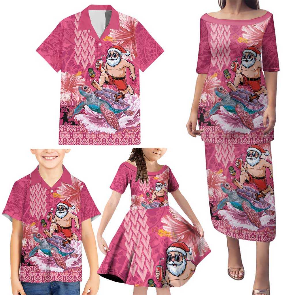 Hawaii Mele Kalikimaka Family Matching Puletasi and Hawaiian Shirt Funny Santa with Tribal Tattoos Kakau Pink Color - Polynesian Pride