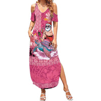 Hawaii Mele Kalikimaka Family Matching Summer Maxi Dress and Hawaiian Shirt Funny Santa with Tribal Tattoos Kakau Pink Color - Polynesian Pride