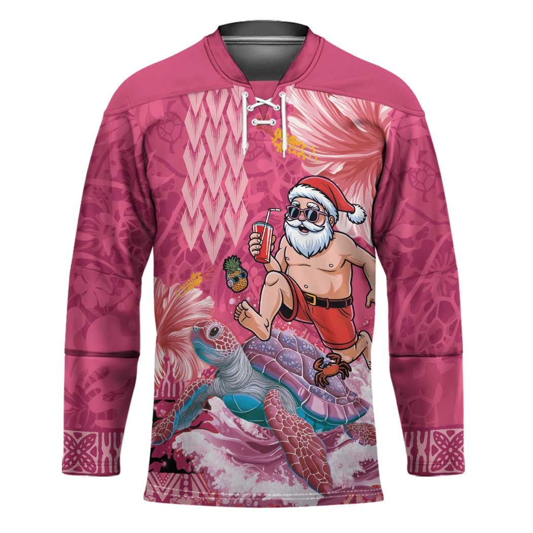 Hawaii Mele Kalikimaka Hockey Jersey Funny Santa with Tribal Tattoos Kakau Pink Color - Polynesian Pride