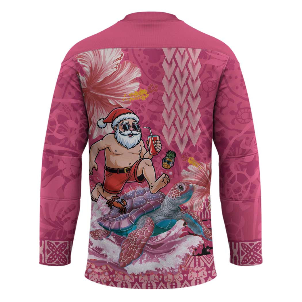 Hawaii Mele Kalikimaka Hockey Jersey Funny Santa with Tribal Tattoos Kakau Pink Color - Polynesian Pride
