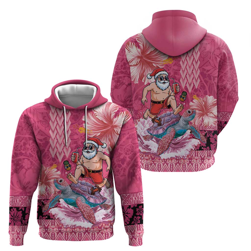 Hawaii Mele Kalikimaka Hoodie Funny Santa with Tribal Tattoos Kakau Pink Color - Polynesian Pride