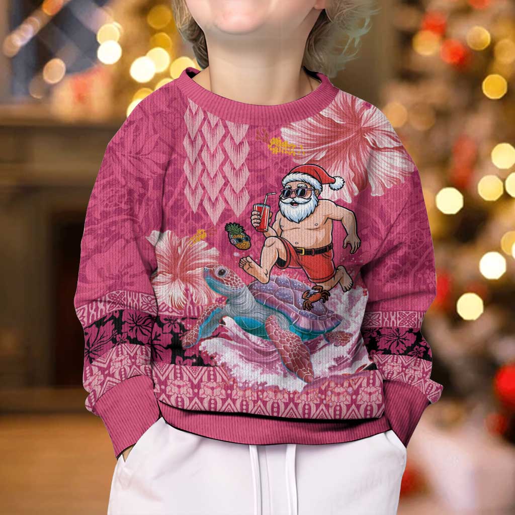 Hawaii Mele Kalikimaka Kid Ugly Christmas Sweater Funny Santa with Tribal Tattoos Kakau Pink Color - Polynesian Pride