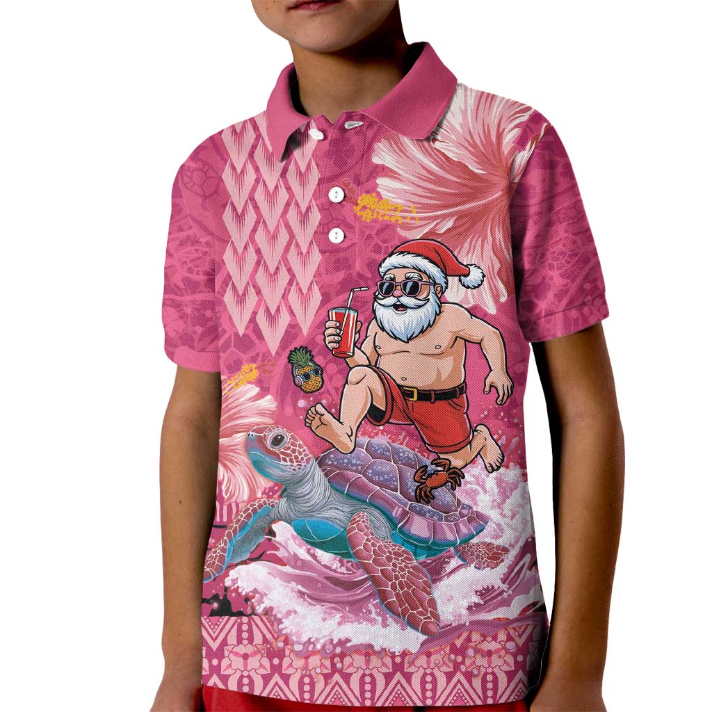 Hawaii Mele Kalikimaka Kid Polo Shirt Funny Santa with Tribal Tattoos Kakau Pink Color - Polynesian Pride