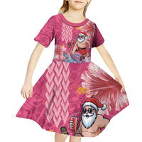 Hawaii Mele Kalikimaka Kid Short Sleeve Dress Funny Santa with Tribal Tattoos Kakau Pink Color - Polynesian Pride
