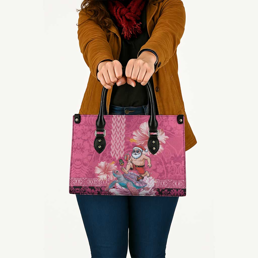 Hawaii Mele Kalikimaka Leather Bag Funny Santa with Tribal Tattoos Kakau Pink Color - Polynesian Pride
