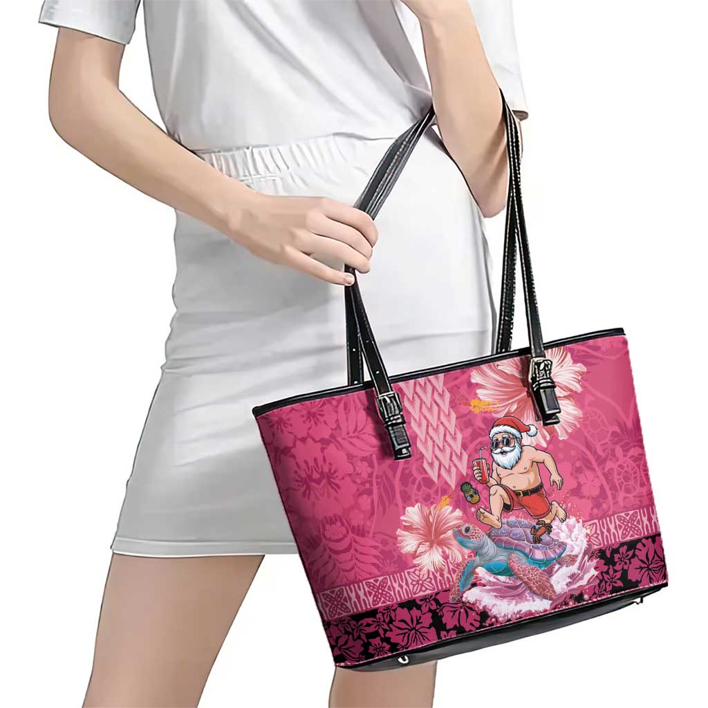 Hawaii Mele Kalikimaka Leather Tote Bag Funny Santa with Tribal Tattoos Kakau Pink Color - Polynesian Pride