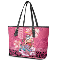 Hawaii Mele Kalikimaka Leather Tote Bag Funny Santa with Tribal Tattoos Kakau Pink Color - Polynesian Pride
