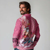 Hawaii Mele Kalikimaka Long Sleeve Polo Shirt Funny Santa with Tribal Tattoos Kakau Pink Color - Polynesian Pride