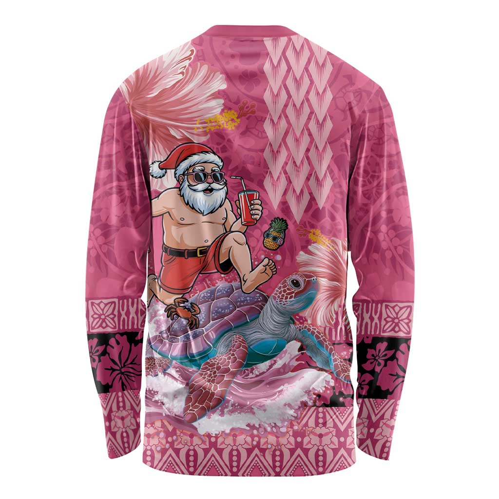 Hawaii Mele Kalikimaka Long Sleeve Shirt Funny Santa with Tribal Tattoos Kakau Pink Color - Polynesian Pride