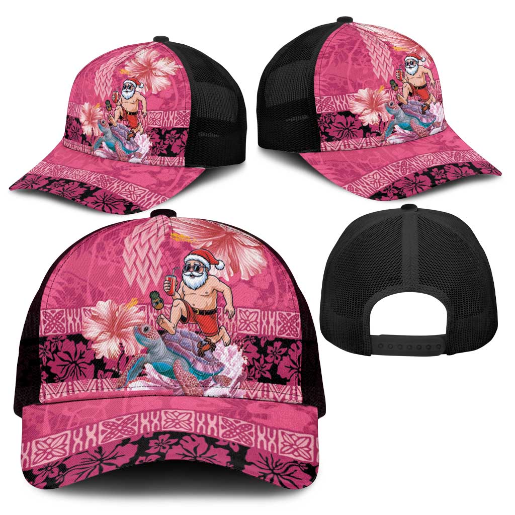 Hawaii Mele Kalikimaka Mesh Trucker Cap Funny Santa with Tribal Tattoos Kakau Pink Color - Polynesian Pride