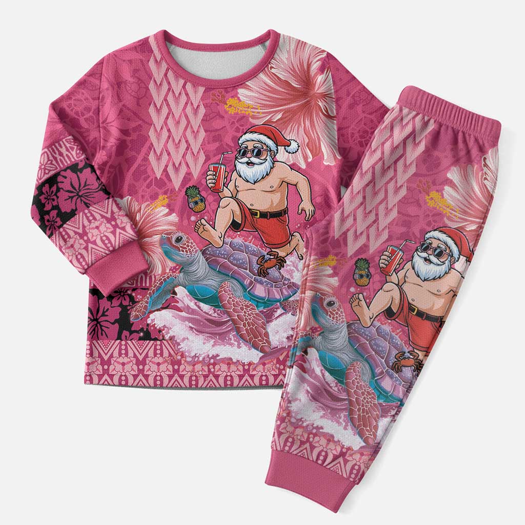 Hawaii Mele Kalikimaka Christmas Pajama Set Funny Santa with Tribal Tattoos Kakau Pink Color - Polynesian Pride