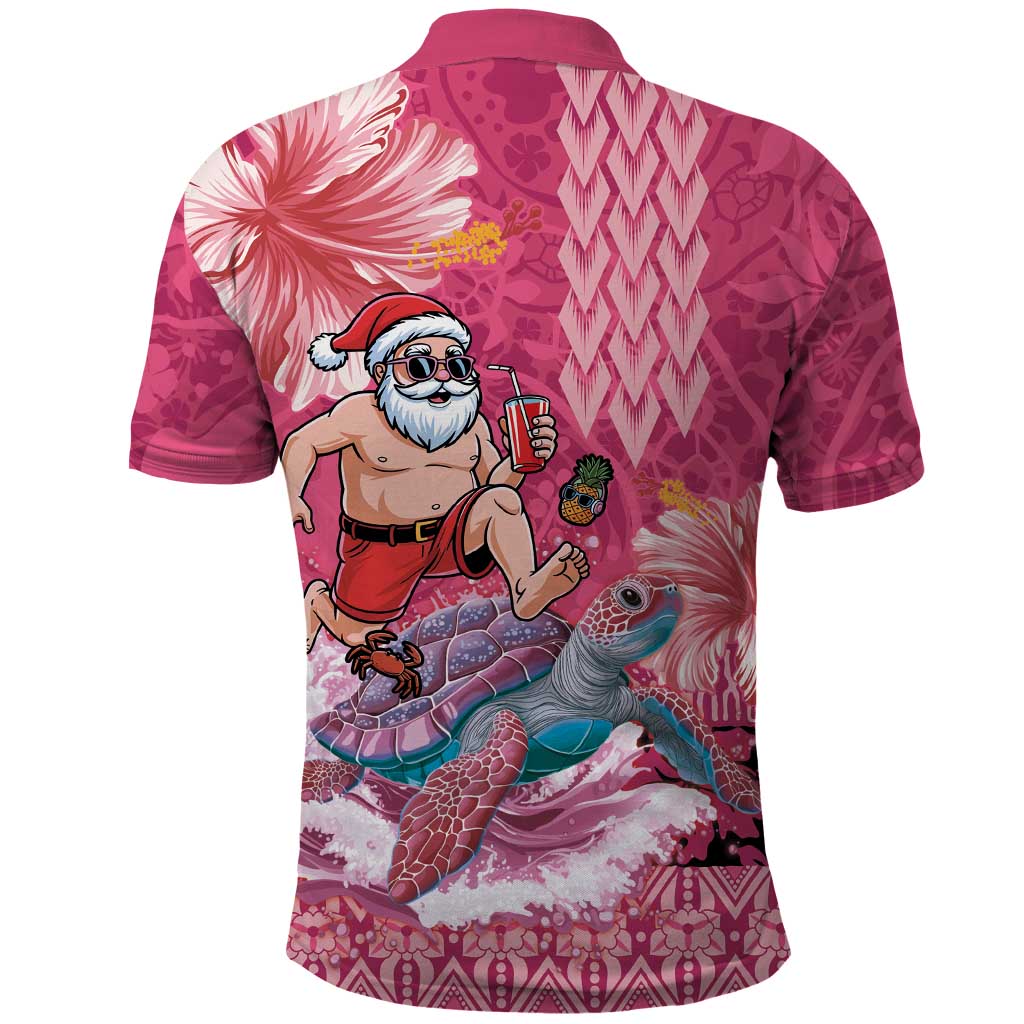 Hawaii Mele Kalikimaka Polo Shirt Funny Santa with Tribal Tattoos Kakau Pink Color - Polynesian Pride