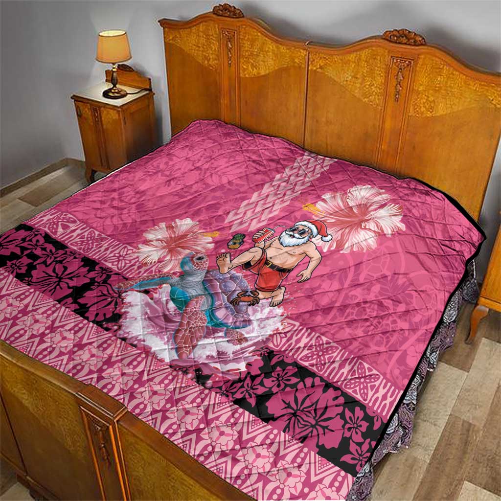 Hawaii Mele Kalikimaka Quilt Funny Santa with Tribal Tattoos Kakau Pink Color - Polynesian Pride