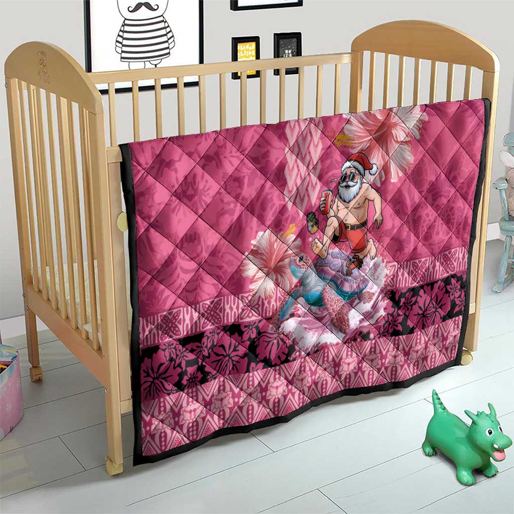 Hawaii Mele Kalikimaka Quilt Funny Santa with Tribal Tattoos Kakau Pink Color - Polynesian Pride