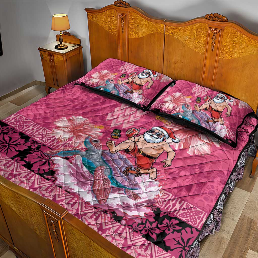 Hawaii Mele Kalikimaka Quilt Bed Set Funny Santa with Tribal Tattoos Kakau Pink Color - Polynesian Pride