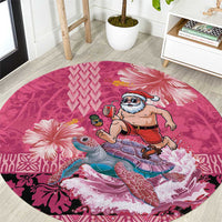 Hawaii Mele Kalikimaka Round Carpet Funny Santa with Tribal Tattoos Kakau Pink Color - Polynesian Pride