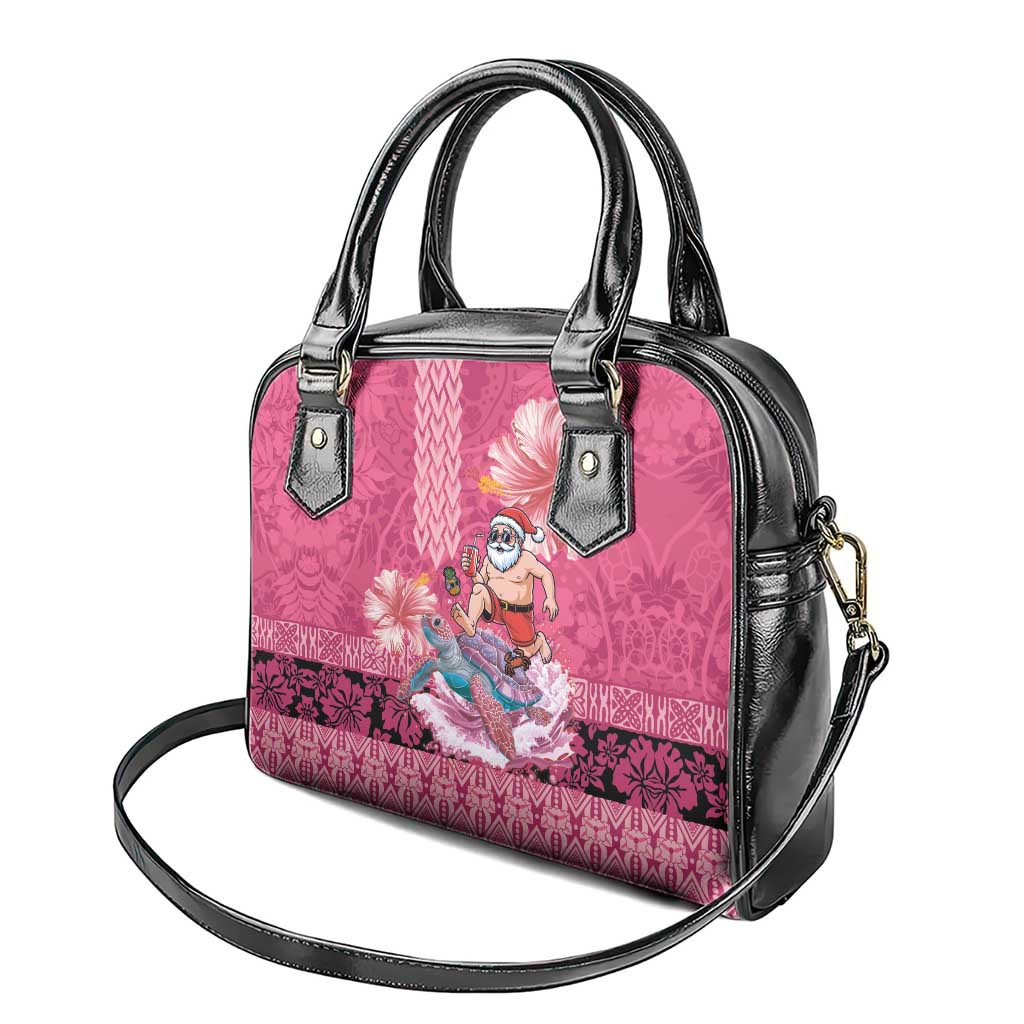 Hawaii Mele Kalikimaka Shoulder Handbag Funny Santa with Tribal Tattoos Kakau Pink Color - Polynesian Pride