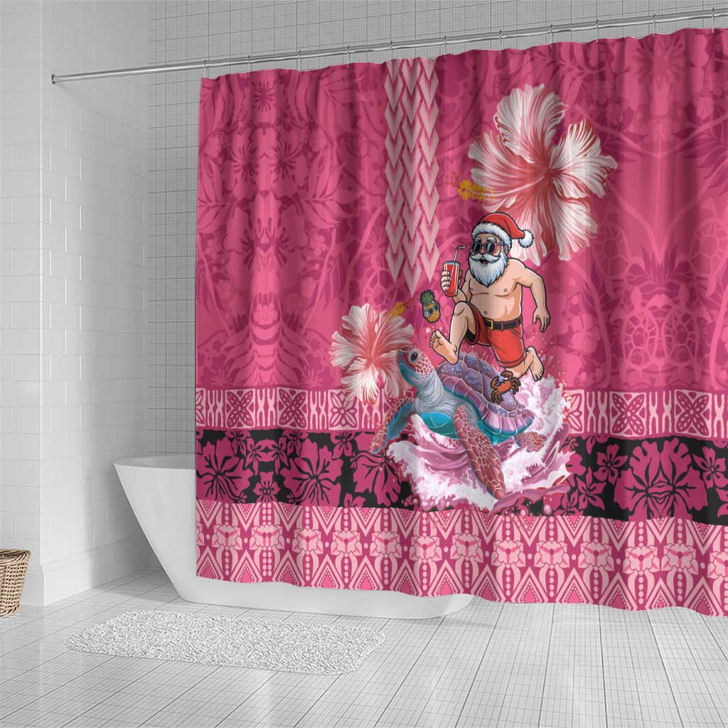 Hawaii Mele Kalikimaka Shower Curtain Funny Santa with Tribal Tattoos Kakau Pink Color - Polynesian Pride