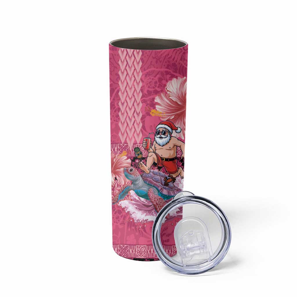 Hawaii Mele Kalikimaka Skinny Tumbler Funny Santa with Tribal Tattoos Kakau Pink Color - Polynesian Pride