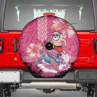 Hawaii Mele Kalikimaka Spare Tire Cover Funny Santa with Tribal Tattoos Kakau Pink Color - Polynesian Pride