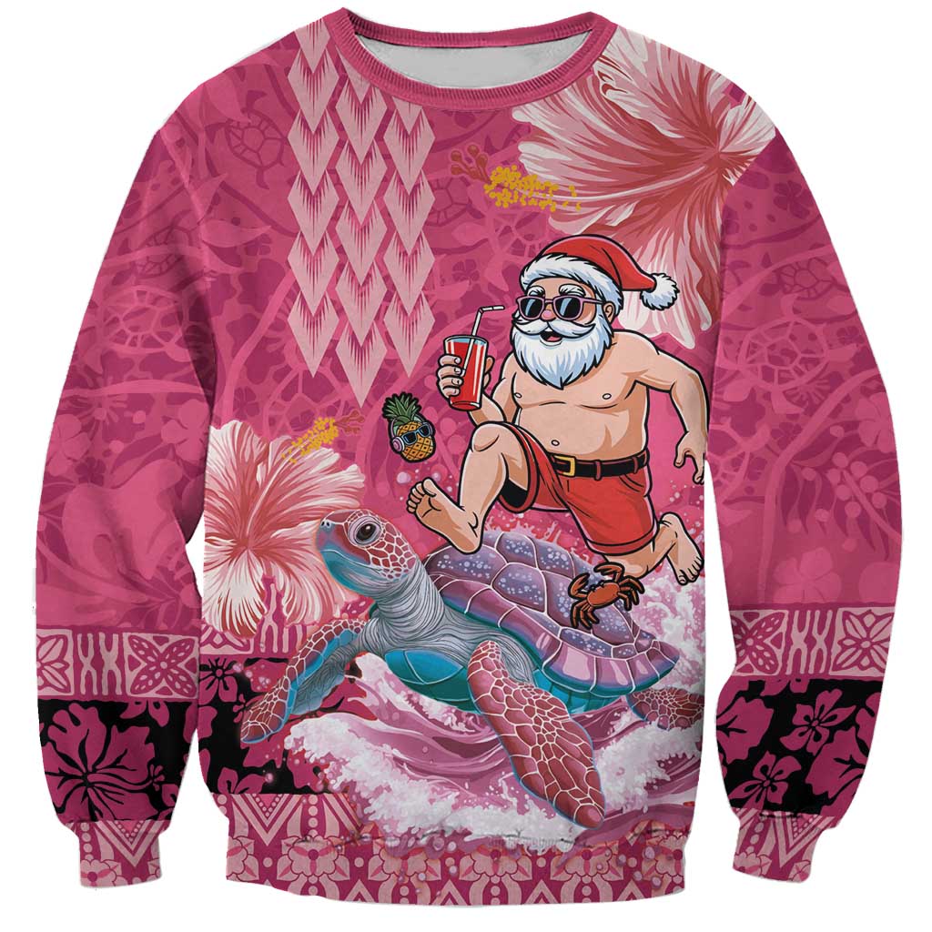 Hawaii Mele Kalikimaka Sweatshirt Funny Santa with Tribal Tattoos Kakau Pink Color - Polynesian Pride