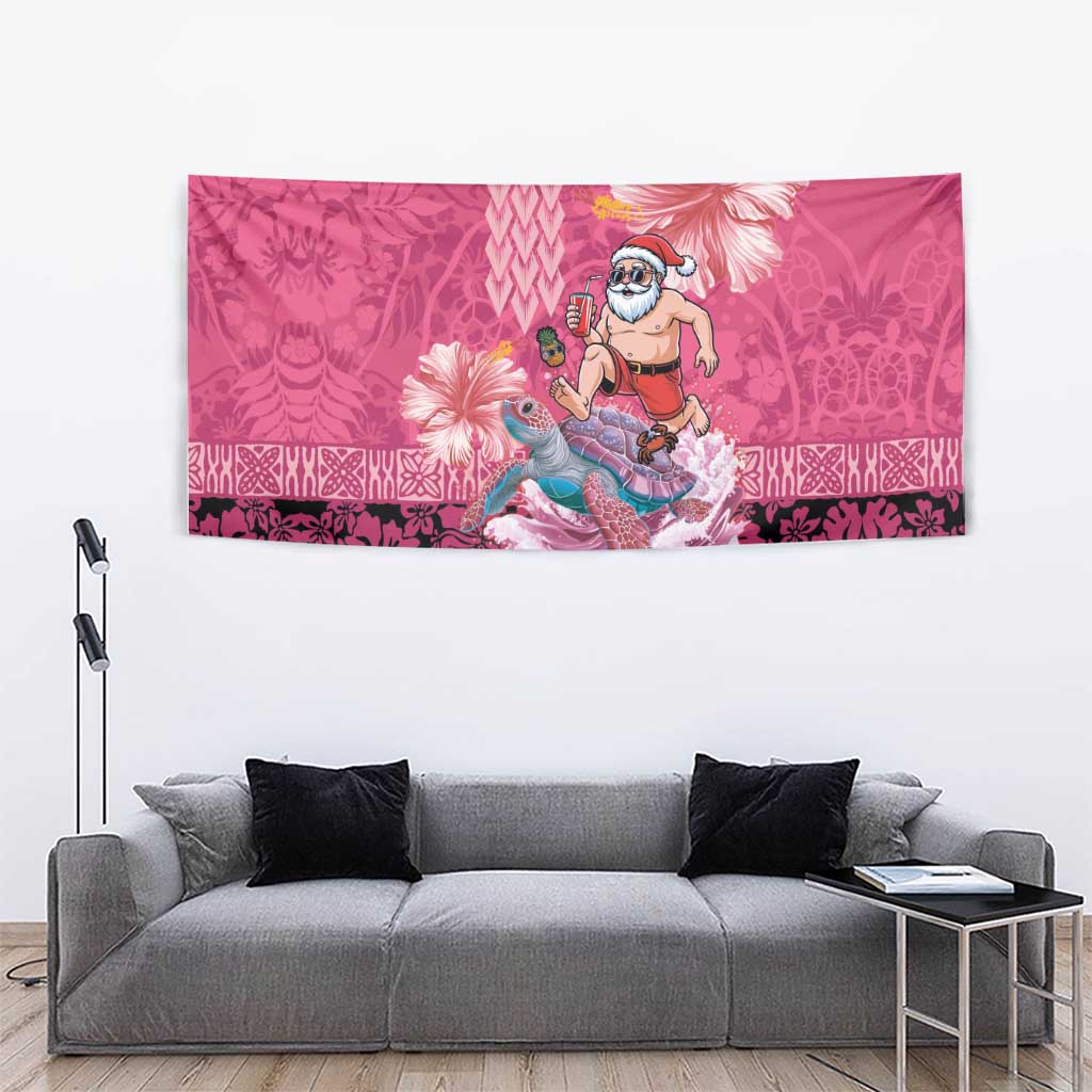 Hawaii Mele Kalikimaka Tapestry Funny Santa with Tribal Tattoos Kakau Pink Color - Polynesian Pride
