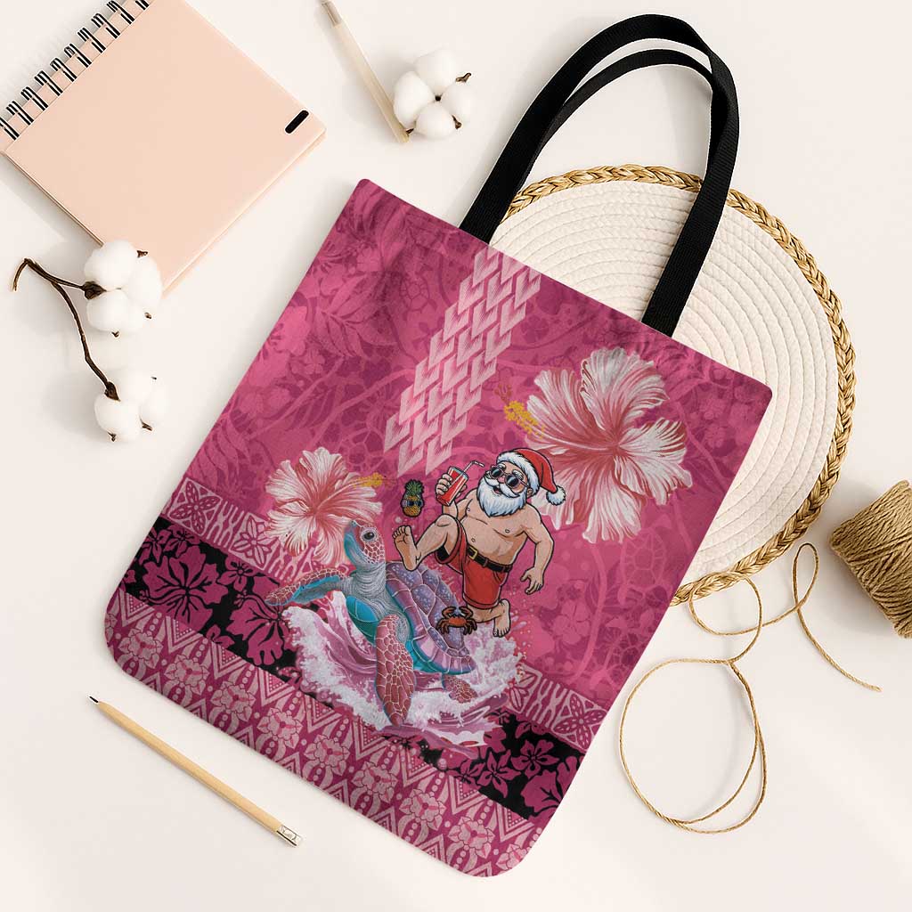 Hawaii Mele Kalikimaka Tote Bag Funny Santa with Tribal Tattoos Kakau Pink Color - Polynesian Pride