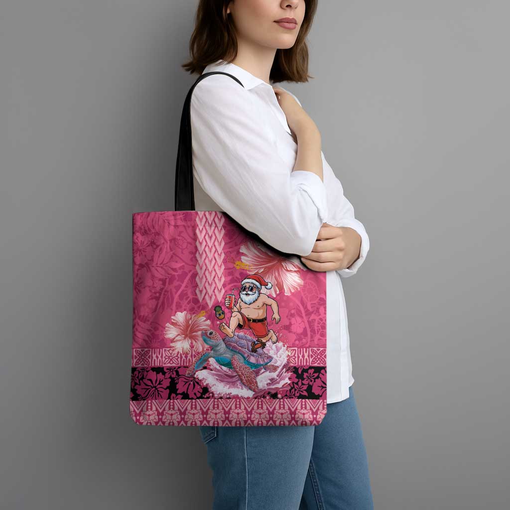 Hawaii Mele Kalikimaka Tote Bag Funny Santa with Tribal Tattoos Kakau Pink Color - Polynesian Pride