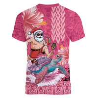 Hawaii Mele Kalikimaka Women V-Neck T-Shirt Funny Santa with Tribal Tattoos Kakau Pink Color - Polynesian Pride