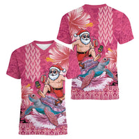 Hawaii Mele Kalikimaka Women V-Neck T-Shirt Funny Santa with Tribal Tattoos Kakau Pink Color - Polynesian Pride