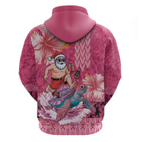 Hawaii Mele Kalikimaka Zip Hoodie Funny Santa with Tribal Tattoos Kakau Pink Color - Polynesian Pride