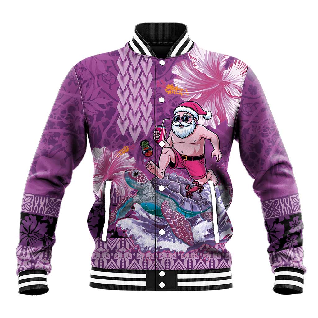 Hawaii Mele Kalikimaka Baseball Jacket Funny Santa with Tribal Tattoos Kakau Purple Color - Polynesian Pride