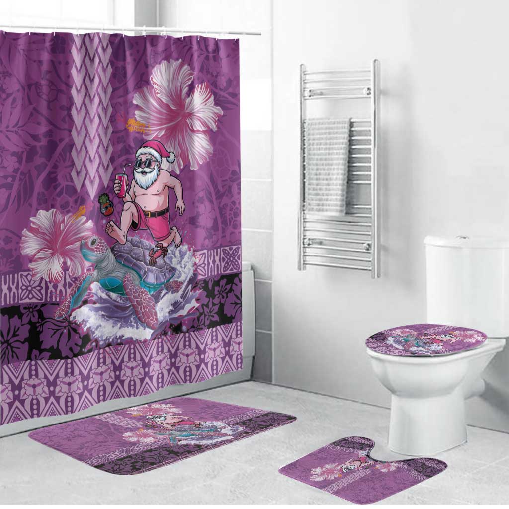 Hawaii Mele Kalikimaka Bathroom Set Funny Santa with Tribal Tattoos Kakau Purple Color - Polynesian Pride