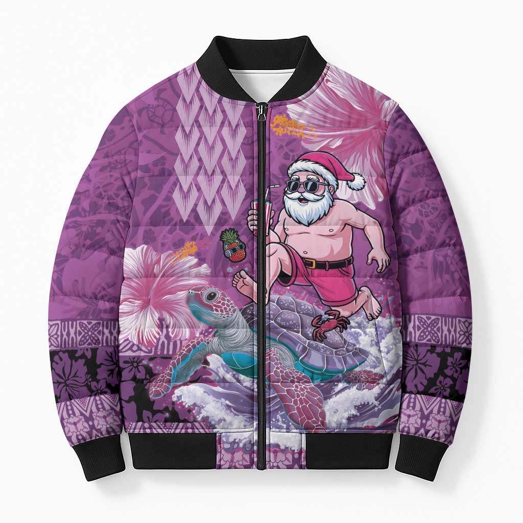 Hawaii Mele Kalikimaka Bomber Puffer Jacket Funny Santa with Tribal Tattoos Kakau Purple Color - Polynesian Pride