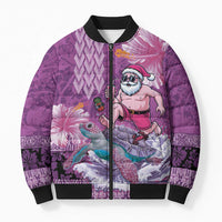 Hawaii Mele Kalikimaka Bomber Puffer Jacket Funny Santa with Tribal Tattoos Kakau Purple Color - Polynesian Pride