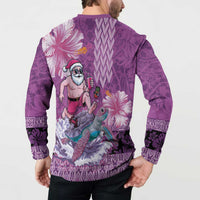 Hawaii Mele Kalikimaka Button Sweatshirt Funny Santa with Tribal Tattoos Kakau Purple Color - Polynesian Pride