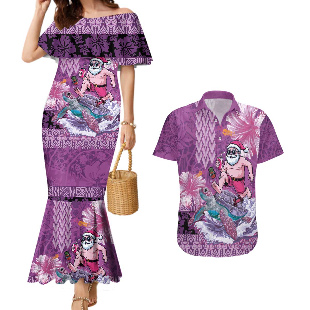 Hawaii Mele Kalikimaka Couples Matching Mermaid Dress and Hawaiian Shirt Funny Santa with Tribal Tattoos Kakau Purple Color - Polynesian Pride