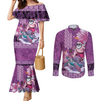 Hawaii Mele Kalikimaka Couples Matching Mermaid Dress and Long Sleeve Button Shirt Funny Santa with Tribal Tattoos Kakau Purple Color - Polynesian Pride