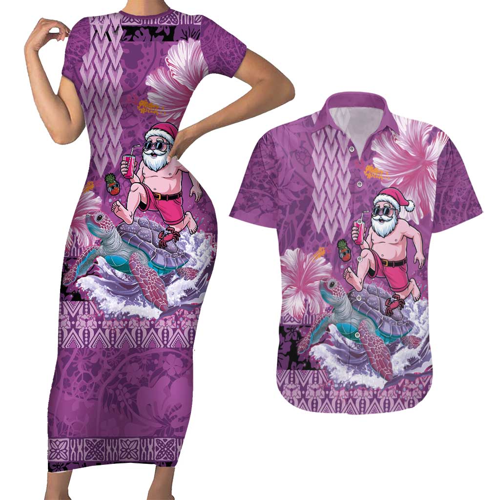 Hawaii Mele Kalikimaka Couples Matching Short Sleeve Bodycon Dress and Hawaiian Shirt Funny Santa with Tribal Tattoos Kakau Purple Color - Polynesian Pride
