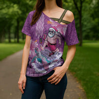 Hawaii Mele Kalikimaka Cross Shoulder Shirt Funny Santa with Tribal Tattoos Kakau Purple Color - Polynesian Pride