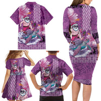 Hawaii Mele Kalikimaka Family Matching Long Sleeve Bodycon Dress and Hawaiian Shirt Funny Santa with Tribal Tattoos Kakau Purple Color - Polynesian Pride