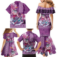 Hawaii Mele Kalikimaka Family Matching Mermaid Dress and Hawaiian Shirt Funny Santa with Tribal Tattoos Kakau Purple Color - Polynesian Pride