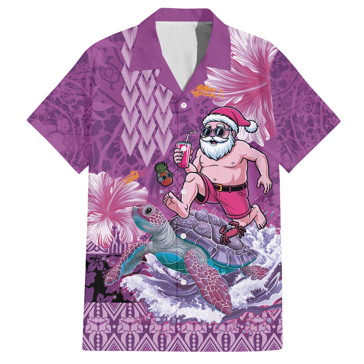 Hawaii Mele Kalikimaka Family Matching Off The Shoulder Long Sleeve Dress and Hawaiian Shirt Funny Santa with Tribal Tattoos Kakau Purple Color - Polynesian Pride