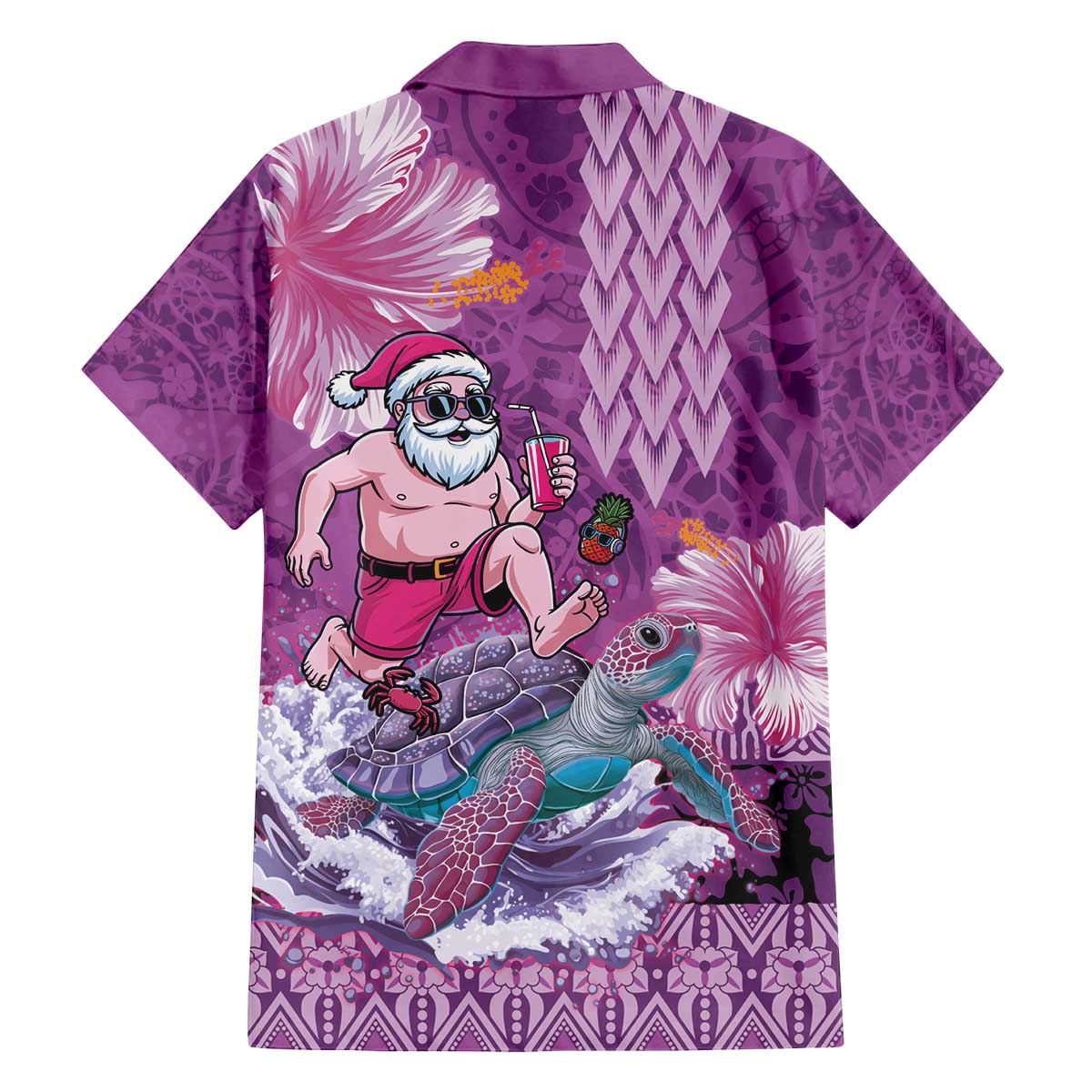 Hawaii Mele Kalikimaka Family Matching Off The Shoulder Long Sleeve Dress and Hawaiian Shirt Funny Santa with Tribal Tattoos Kakau Purple Color - Polynesian Pride