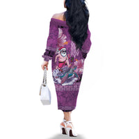 Hawaii Mele Kalikimaka Family Matching Off The Shoulder Long Sleeve Dress and Hawaiian Shirt Funny Santa with Tribal Tattoos Kakau Purple Color - Polynesian Pride