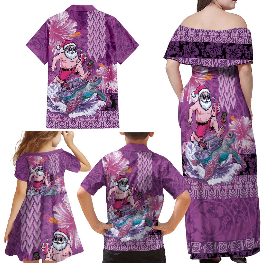 Hawaii Mele Kalikimaka Family Matching Off Shoulder Maxi Dress and Hawaiian Shirt Funny Santa with Tribal Tattoos Kakau Purple Color - Polynesian Pride