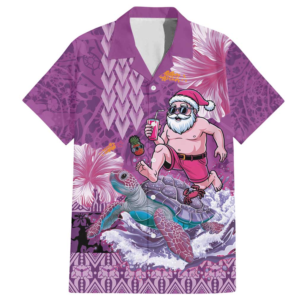 Hawaii Mele Kalikimaka Family Matching Off Shoulder Short Dress and Hawaiian Shirt Funny Santa with Tribal Tattoos Kakau Purple Color - Polynesian Pride