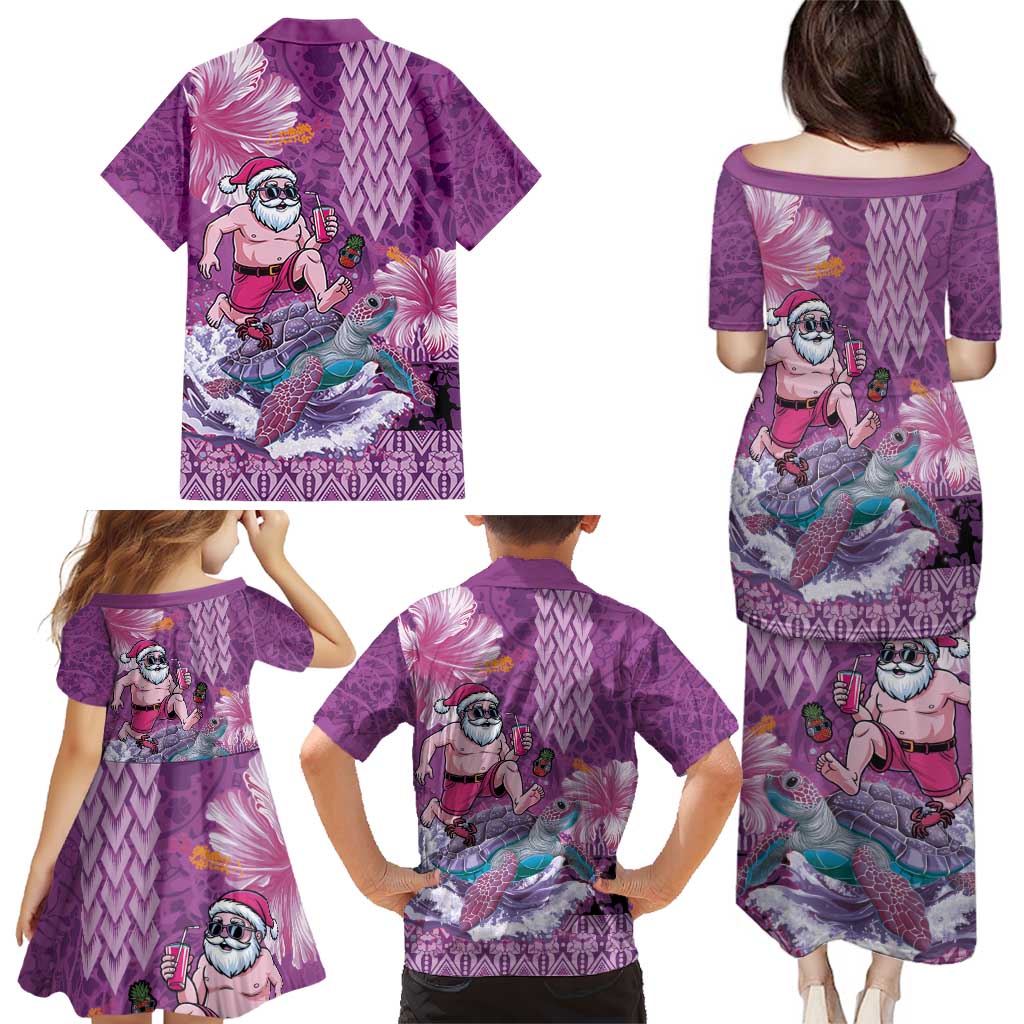 Hawaii Mele Kalikimaka Family Matching Puletasi and Hawaiian Shirt Funny Santa with Tribal Tattoos Kakau Purple Color - Polynesian Pride